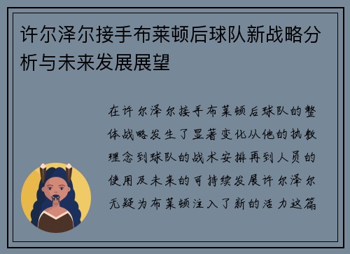 许尔泽尔接手布莱顿后球队新战略分析与未来发展展望