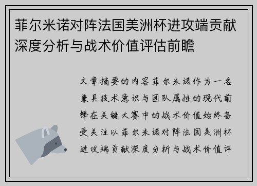 菲尔米诺对阵法国美洲杯进攻端贡献深度分析与战术价值评估前瞻